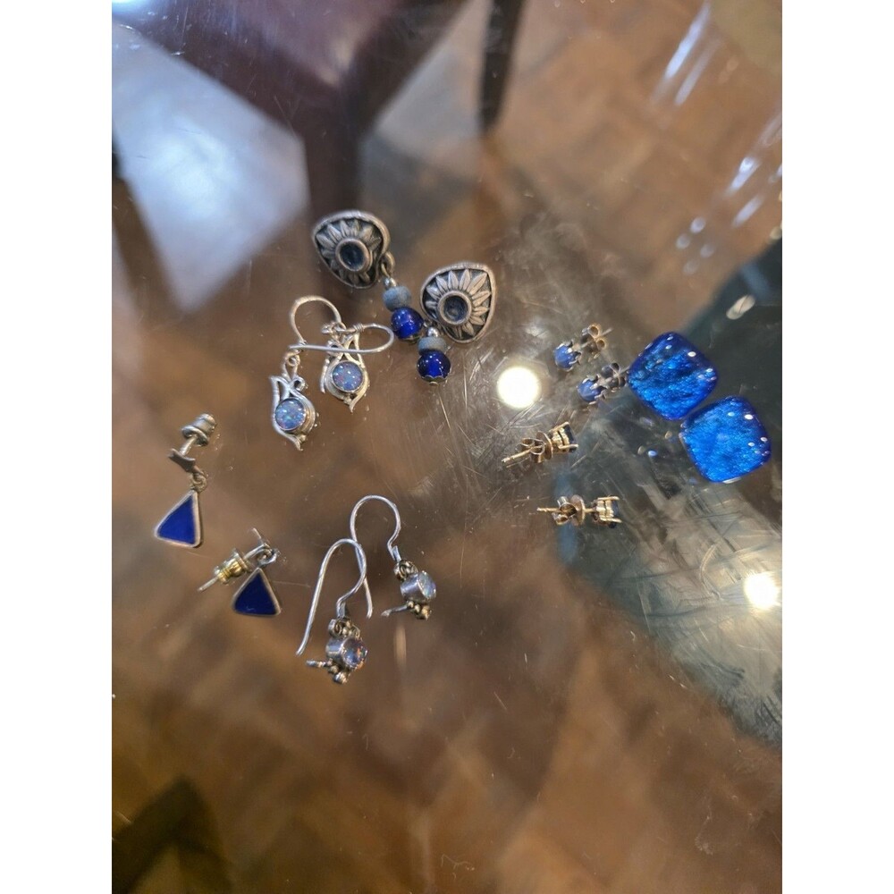 Blue Stone & Silver Earring Lot - 7 Pair Studs & Dangles